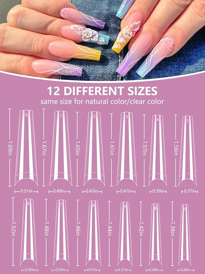 480PCS Coffin Nail Tips for Acrylic Nails Professional Set, XXL Extra Long Acrylic Nail Tips and Glue Set, Half Cover Natural & Clear Coffin Nails Tips, Nail Kit with Nail Clippers Glue