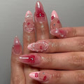 Medium Press on Nails Almond Fake Nails French False Nails Pink Artificial Nails with Pearl Designs Stick on Nails for Women 24pcs