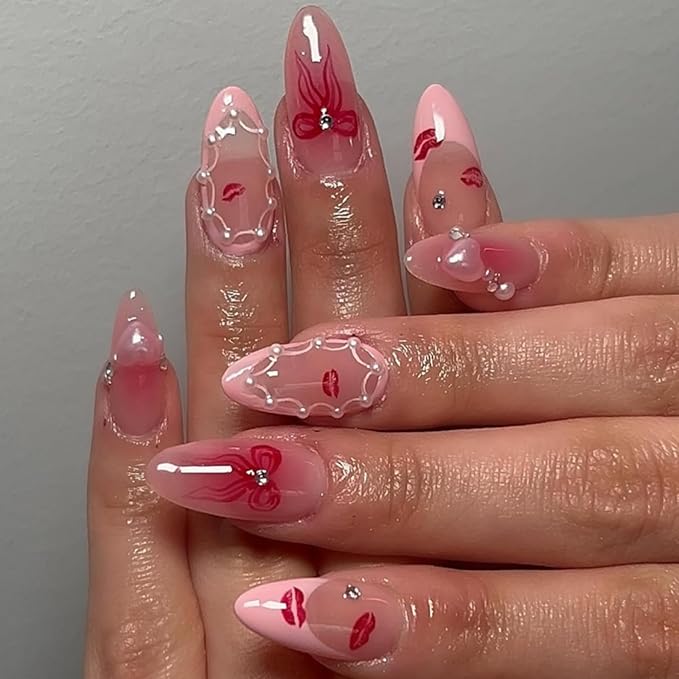 Medium Press on Nails Almond Fake Nails French False Nails Pink Artificial Nails with Pearl Designs Stick on Nails for Women 24pcs