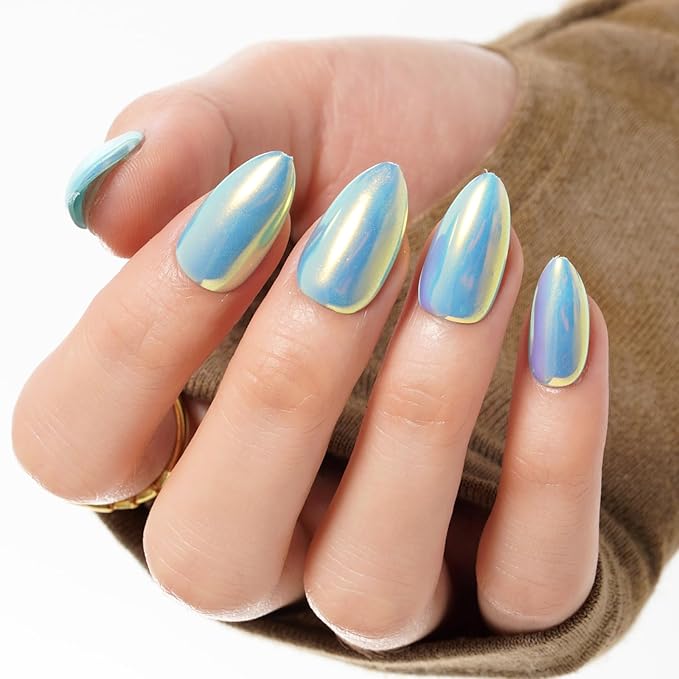 GLAMERMAID Light Blue Mermaid Chrome Press On Nails Short Almond, Golden Donut Glazed Handmade Soft Jelly Gel Fake Nails, Round Oval Stick Glue on Nails Kit for Women, Reusable Acrylic False Nail Set