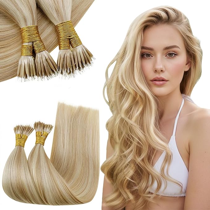 RUNATURE Nano Human Hair Extensions,Highlight Honey Blonde Nano Ring Hair Extensions Real Human Hair Blonde 16 Inch 50 Gram