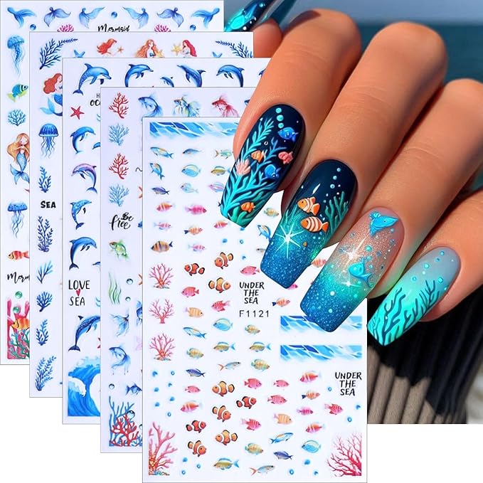 Marine Life Nail Art Stickers -3D Cute Mermaid Nail Decals Self Adhesive Small Whale Nail Stickers with Little Fish Jellyfish Designs Nail Decal Summer Nail Supplies for Women DIY Manicure Decoration