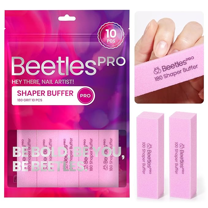 Beetles Pro 10Pcs Nail Buffer Block for Acrylic and Natural Nails, Fine Grit 4 Sided 180 Finishing Buffers for Acrylic Nails Gel Polish Professional Manicure File Blocks Set Nails Manicure Tools Pink