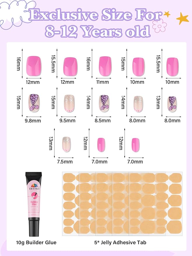 130 Pieces Press on Nails for Kids, EBANKU 5 Pack Kid Fake Nail Kit Old Cute Flower Mermaid Heart Press on Nails for Girls 8-12 Years with Jelly Nail Adhesives & Nail Builder Glue