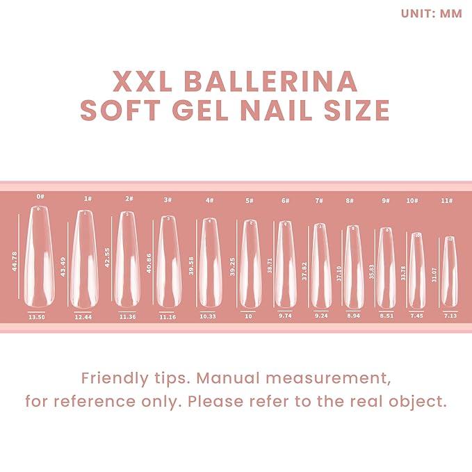 Allkem Soft Gel Nail Tips - XXL Ballerina Nail Extensions with Refill Bag - 12 Sizes Extra Extra Long Full Cover Nails - Clear (504 Pieces)