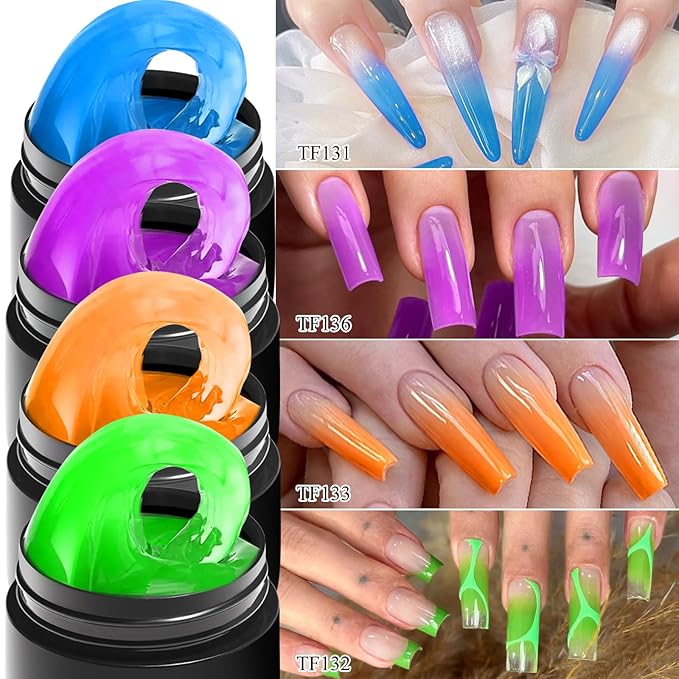 MEET ACROSS 9Pcs Neon 3D Builder Gel Kit for Nail Art Orange Green Blue Purple Non Sticky Hand Carving Extension Solid Builder Gel for Nails with Silicone Pen Manicure Kit 4 Colors