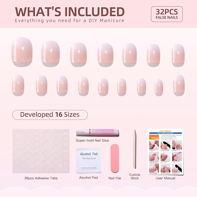 Gel Press On Nails - White Ombre Square Short Fake Nails With Glue, 16 Sizes, 32Pcs Reusable Soft Gel False Tips Kit