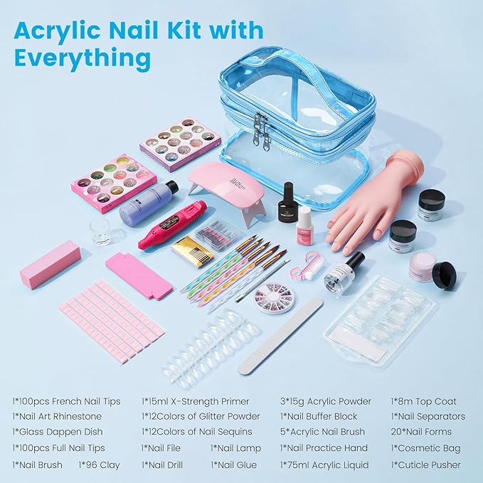 Nail Kit for Beginners with Everything: Professional Acrylic Powder Liquid Set with Nail Practice Hand Drill U V Light in Cosmetic Bag Gift for Women Salon Home (Blue)