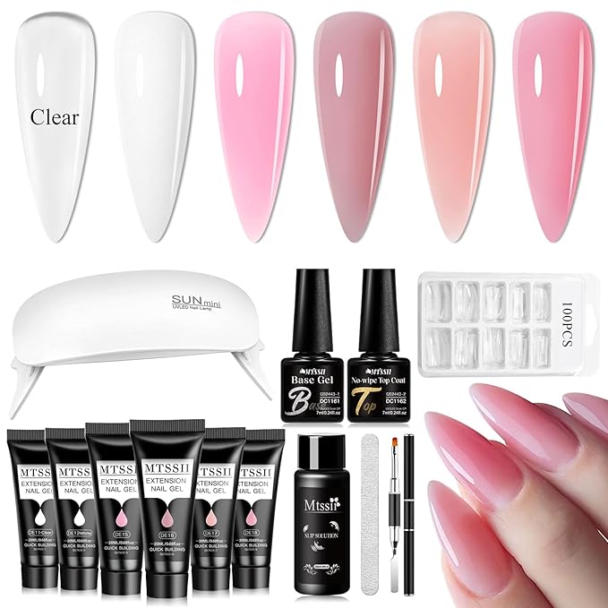 MTSSII 13Pcs Poly Nail Gel Kit 6 Colors +7 Nail Art Accessories kit Nude Pink Poly Nails Gel Kit Starter Kit with Mini UV Lamp Slip Solution Basic Tools DIY Nail for Women Girls