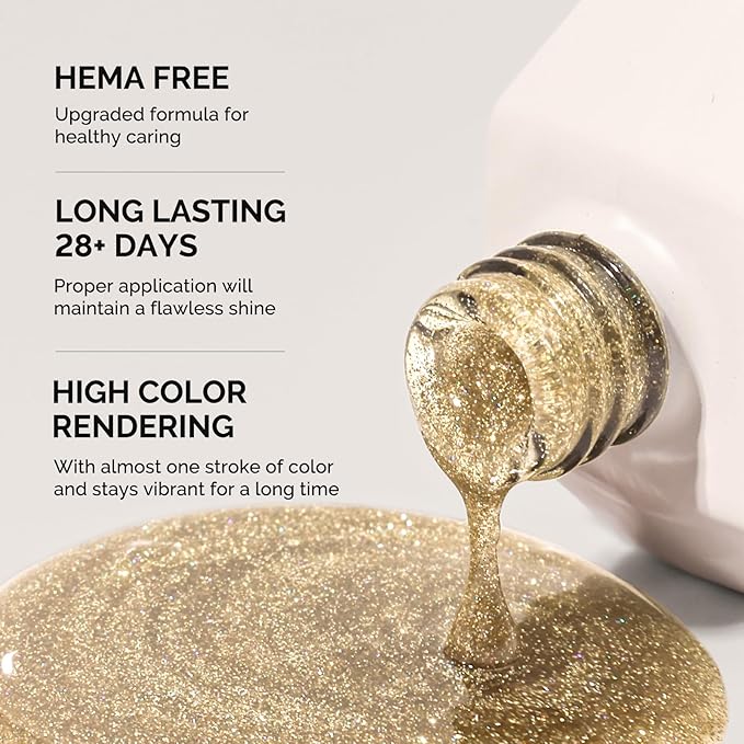 MelodySusie Hema Free Gel Nail Polish, 0.5 Fl Oz Thick Golden Glitter Gel Polish, Non-Toxic, Long Lasting, Soak Off UV Nail Polish, Manicure Nail Design Salon DIY Nail Art at Home B3060