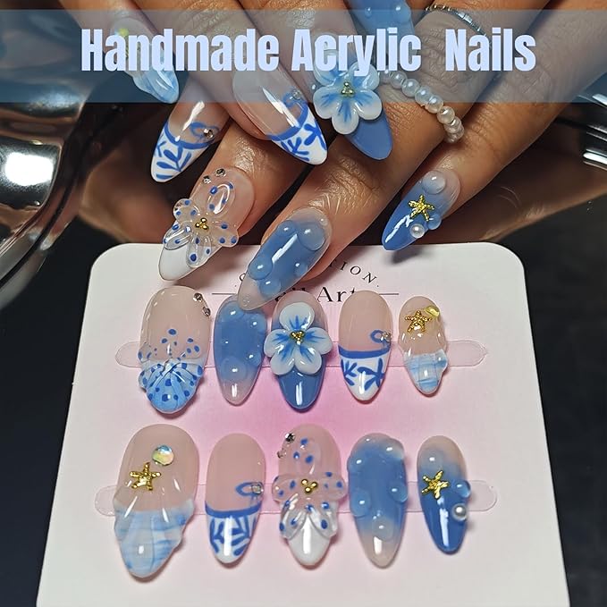 Handmade Acrylic Press On Nails Almond, 3D Press On Nails Medium, Ocean 3D Blue Nails French Tip Flower Bubble Preal For Women Gift, Reusable Stick On Fake Nails Kit With Nail Glue (Ocean Bloom-M)