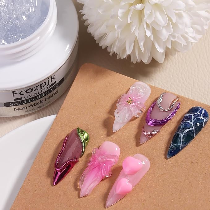 Solid Gel Builder for Nails, 60g Clear 3D Hard Gels Non-Stick Hand for Carving Molding Sculpting Gel Flower Charms Decoration DIY Extension Gels Salon & Home Manicure