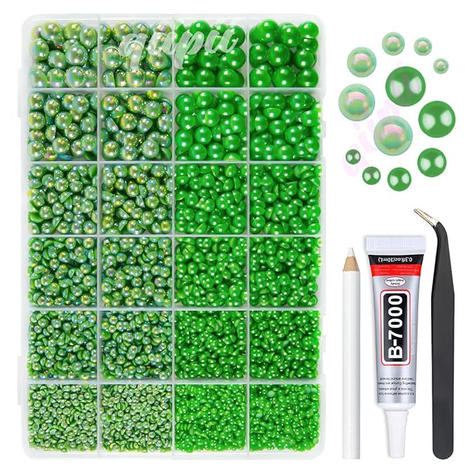 2 Styles Solid Green+ Emerald Green AB Flatback Pearls for Bedazzling Crafting 3mm-10mm Dark Green Half Round Beads Gems Bedazzler Kit for Nails Face Eyes Makeup Tumblers Bottles Crafts Shoes﻿