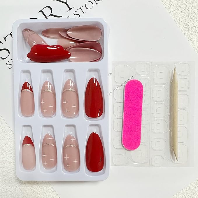 Red Press on Nails - Medium Almond Fake Nails - French Tip False Nails Press ons - Christmas Glossy Full Cover Glue on Nails - Acrylic Artificial Stick on Nail for Women Manicure 24Pcs