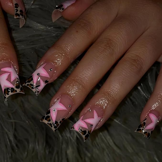 Star Press on Nails Leopard Print Fake Nails French Tip Glue on Nails with Rhinestone Design Glossy False Nails Reusable Artificial Acrylic Full Cover Duck Stick on Nails for Women Manicure 24Pcs