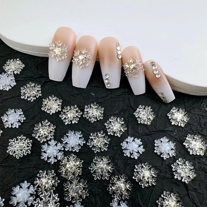 100pcs Snowflake Nail Art Decorations Christmas Iridescent Nail Art Charms White Transparent Snowflake Nail Supplies Mini Flatback Snow Shape Nail Art Accessories for Women Girls Manicure Decoration