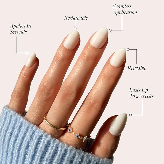 Glamnetic Press On Nails - White Swan Fake Nails | Opaque Classic Off White Short Oval Fake Nails, Salon Quality | 15 Sizes - 30 Nail Kit with Glue