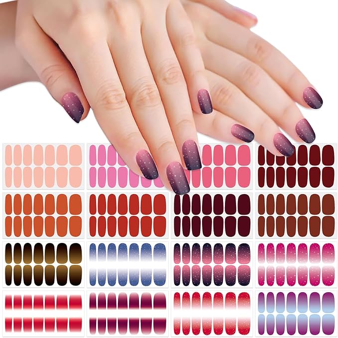 SILPECWEE 16 Sheets Nail Polish Stickers Full Nail Wraps Glitter Solid Color Nail Polish Strips Gel Nail Strips Self Adhesive Fingernail Manicure Stickers Nails for Women with 1pc Nail File