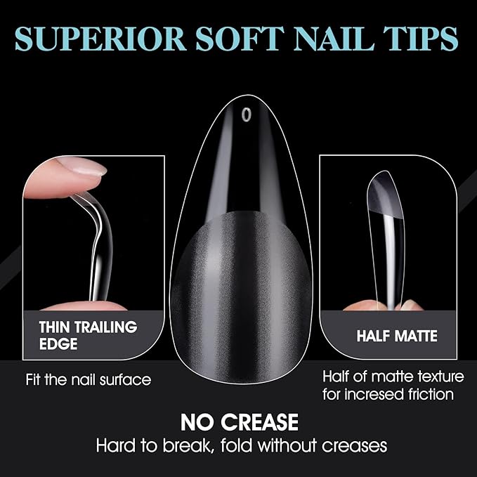 Gelike ec Nail Tips Almond for Salon: 552 Pcs Medium Soft Gel Nail Tips for Manicure 12 Sizes