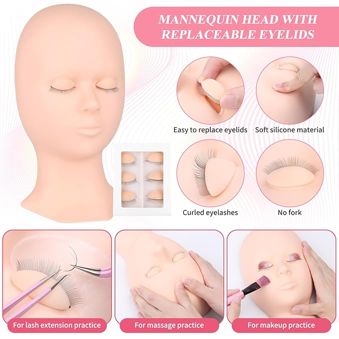 Lash Training Kit for Eyelash Extension, 232 PCS Individual Lash Kit for Beginner Practice with Everything: Mannequin Head with Removable Eyelids Fan Eyelashes Glue Tweezers Lash Tools Supplies
