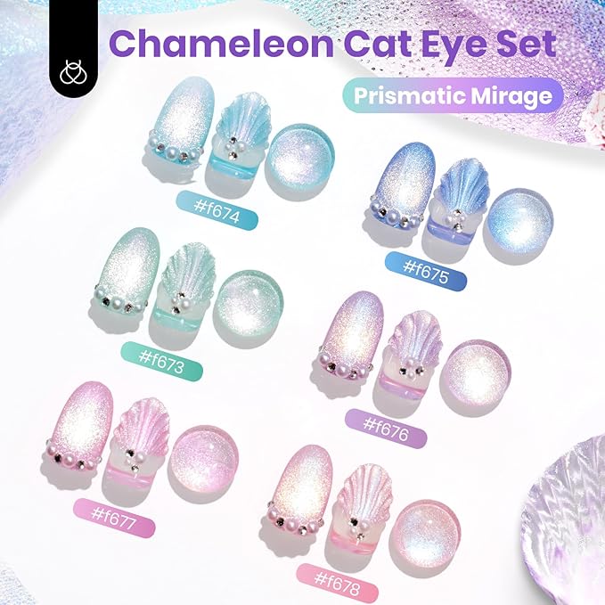 Beetles Prismatic Mirage Cat Eye Gel Nail Polish Set - 6 Colors Spring Cat Eye Gel Polish Kit Green Pink Blue Purple with Magnet Soak Off UV Salon Nail Art Manicure Gift for Women
