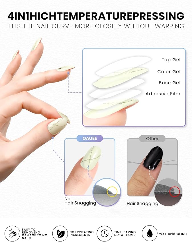 Semi Cured Gel Nail Strips | Built-In Gel Top Coat | UV Light Required | Salon Quality, Easy Application And Removal (Golden Whisper)