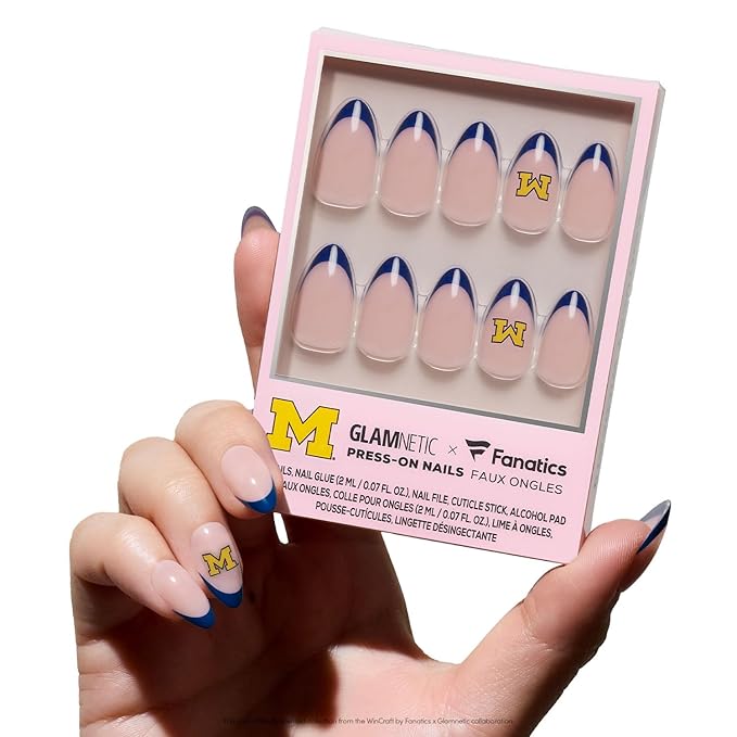 Glamnetic x Fanatics Press On Nails - Michigan Wolverines | Short Almond Fake Nails, Collegiate Wolverines Blue French Tips, College Nails, Salon-Quality | 15 Sizes - 30 Nail Kit with Glue