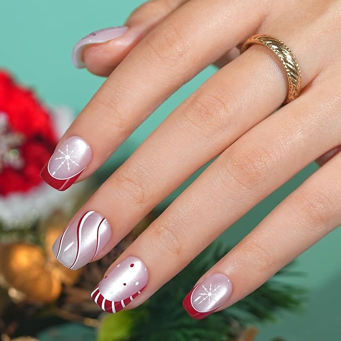 Press On Nails Short - Jofay Fashion Cat Eye Press On Nails Square, Red Candy Cane Fake Nails with Glue, Glossy Reusable Acrylic Nail Tips in 16 Sizes, Christmas Stick On Nails for Women Girls Gift