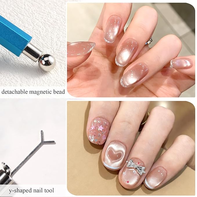 3-in-1 Cat Eye Nail Magnet Tool with Heart Magnet, Double-Ended Cylindrical & Ball Magnets for Cat Eye Gel Polish Glass Bead Nail Effects Manicure Supplies imanes para uñas (Blue)