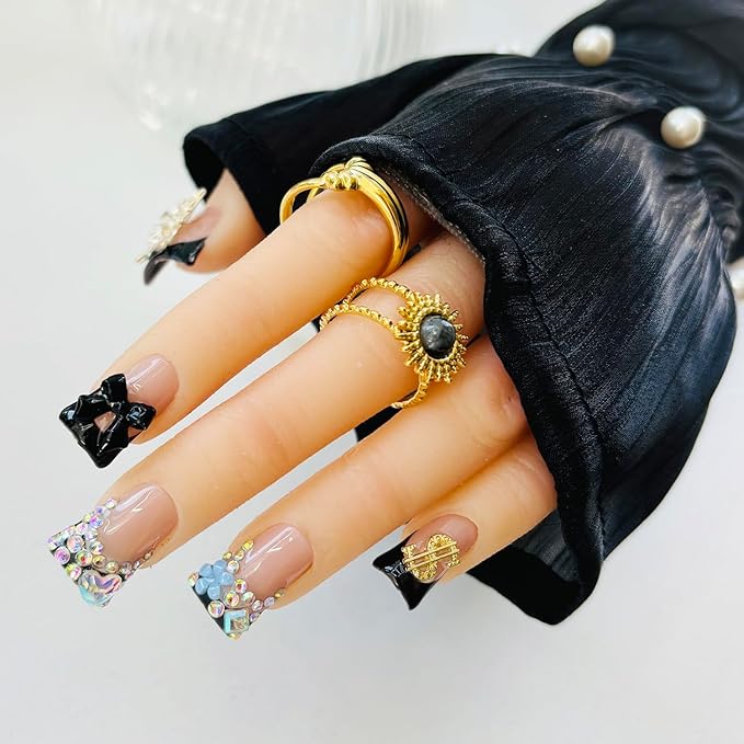 10pcs Handmade Press on Nails for Women - Medium Duck Curve 3D Thick Acrylic Fake Nails Reusable,Designer Floral Butterfly Rhinestones Bling Boho Funky Y2k Nail-art Set,M,black
