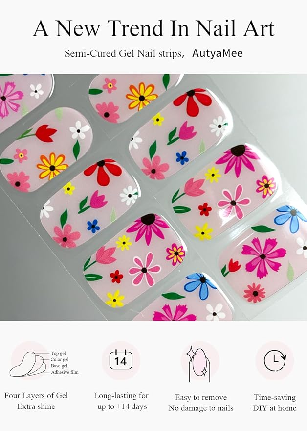 Semi Cured Gel Nail Strips (Cute Flower), 20 Pcs Summer Pink Gel Nail Wraps, Stickers, UV Light Required, Salon Quality, Long Lasting