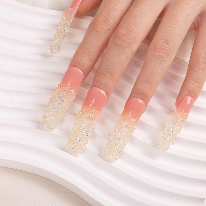 LOVFUL Press on Nails Amour Blanc| Handmade with Full Covered Crystals| Reusable Fake Nails| Square Mid length 1.7in| H205-S