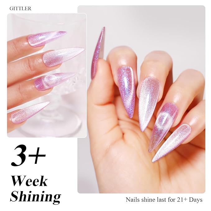 Imtiti Cat Eye Gel Nail Polish, 15ML Pink Holographic Glitter, Magnet UV LED Magnetic Gel Nail Polish Crystal Galaxy Sparkly Home DIY Manicure Nail Salon Kit