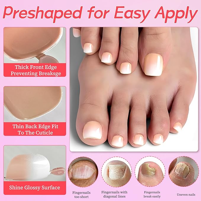 216PC Ombre Press on Toenails for Women Fake Toe nail Press ons Acrylic Toe Press on Nails Set, Ombre Press on Toe Nails Press on Fake Toenails Press ons Acrylic Toe Nail Tips Kit&Glue Tab-A
