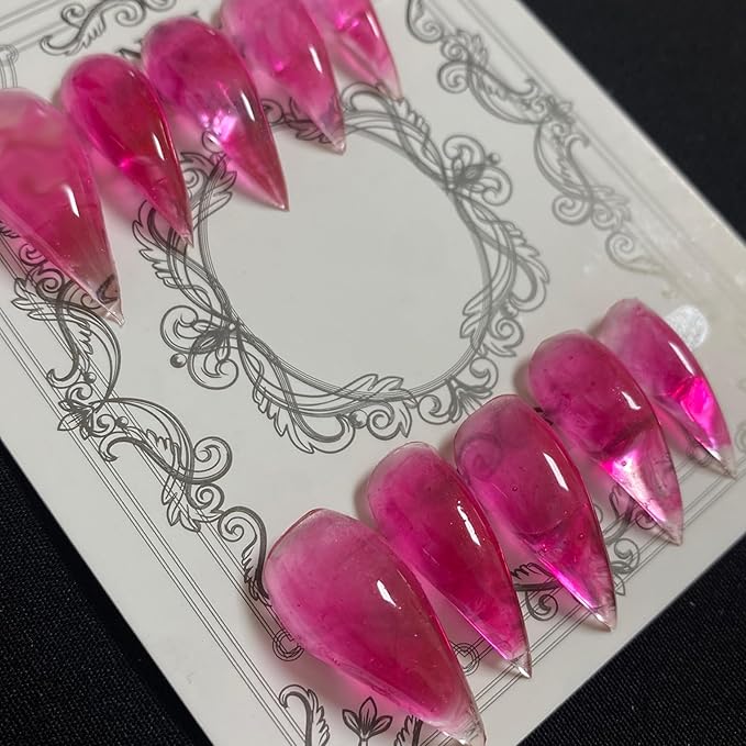 Luxury Press on Nails Medium Stiletto Handmade Eagle Claw Unique Reusable ABS Material Pink Fake Nails Cat Claw False Nails with Gradient Designs Glossy Glue on Nail Curved Thick Acrylic Nail(S)