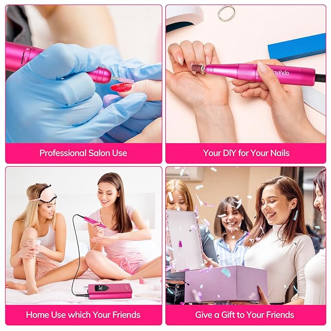 Lavinda Professional Nail Drill 35000 RPM, Cordless Rechargeable Electric Nail File for Acrylic Gel Nails, Efile Nail Drill Machine for Home and Salon Use (Viva Magenta)