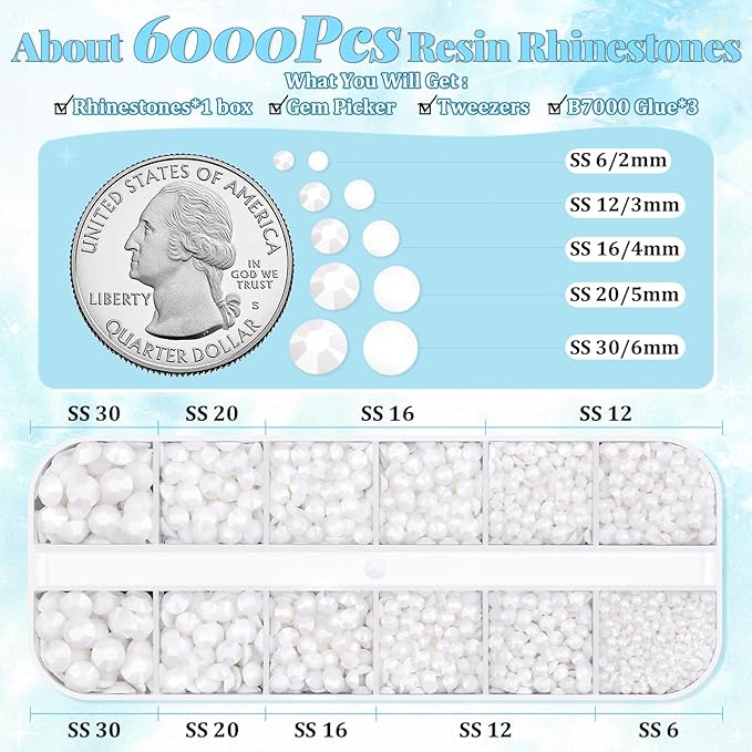 6000Pcs Resin Rhinestones for Bedazzling with 3Pcs B7000 Jewelry Glue, 1 Box White Flatback Rhinestones for Crafting Crafts DIY, Crystals Gems for Clothing Shoes Tumblers Nail Art Makeup