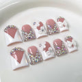 Luxury Press on Nails Short Duck Handmade 3D Unique Reusable ABS Material Fake Nails White French Tip False Nails with Designs Flower Rhinestones Bow Elegant Glossy Glue on Nail Thick Acrylic Nail(M)