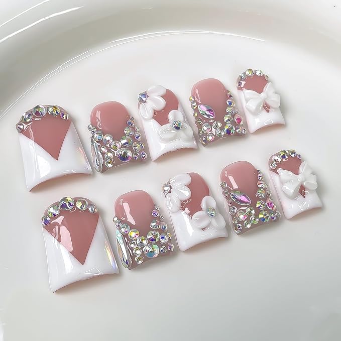 Luxury Press on Nails Short Duck Handmade 3D Unique Reusable ABS Material Fake Nails White French Tip False Nails with Designs Flower Rhinestones Bow Elegant Glossy Glue on Nail Thick Acrylic Nail(M)