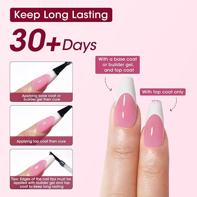 Gellen Almond French Tip Press on Nails Pink, 3 in 1 Soft Gel Nail Tips, Pre-colored Press on Nails Medium Almond Fake Nails with White Tips, Nail Extension Gel Nails Tips