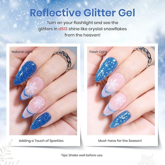 beetles Gel Polish Set, Glitter Snowflakes Collection Blue Polish Set, White Glitter Navy Blue Silver Nails Color Gel Soak off UV LED Lamp Gift for Her