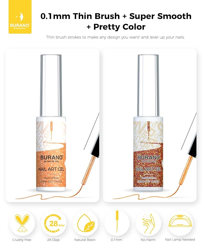 BURANO Gel Nail Polish Liner Nail Art Polish, Silver Gold Painted Gel Nail Design Polish 2 Bottle 8ml, Build in Thin Nail Brush Curing Required LX24 LX29