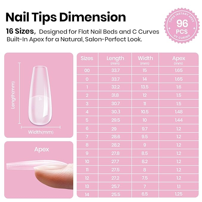 Beetles Tipex Lite Instant Apex Nail Tips, Long Coffin, 16 Sizes | 00–14, Built-in Apex Acrylic Tips for Flat & Natural Nail Beds, Beginner-Friendly Easy DIY Nail Extensions