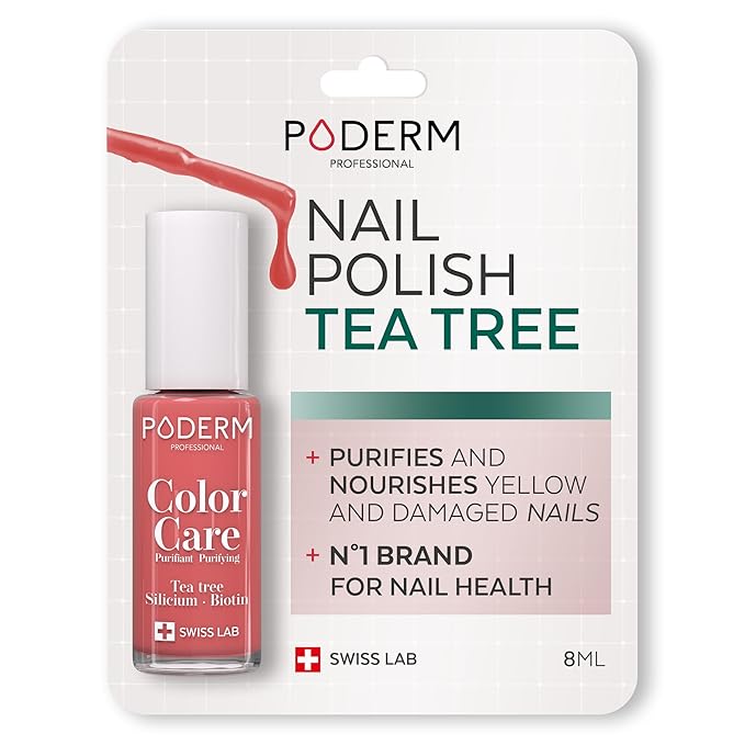 PODERM Nail Polish – Enriched with Tea Tree & Biotin – Improves Nail Appearance – Vegan Formula – For Hands & Feet – Swiss Made (Coral Pink)