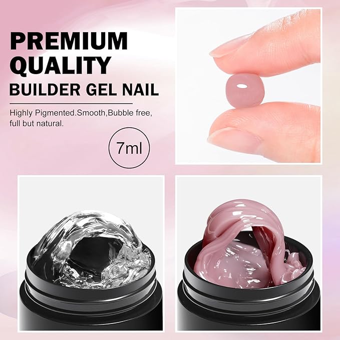 MEET ACROSS All-in-One Extension Mini Kit 2×7ml Non-Sticky Builder Gel Starter Kit WIth Base & Top Coat/Dual-Silicone Pen/Pro File/20-Pc Reusable Dual Forms Salon-Grade Extensions (Clear+Nude)