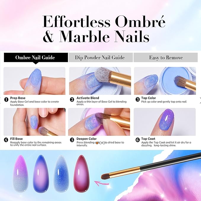 AZUREBEAUTY Dip Powder Nail Kit, Pinkish Blue Ombré 4 Colors Upgraded Brush One-Step Dipping Powder with Base & Top Coat Activator for French Nail Art Manicure Salon DIY at Home