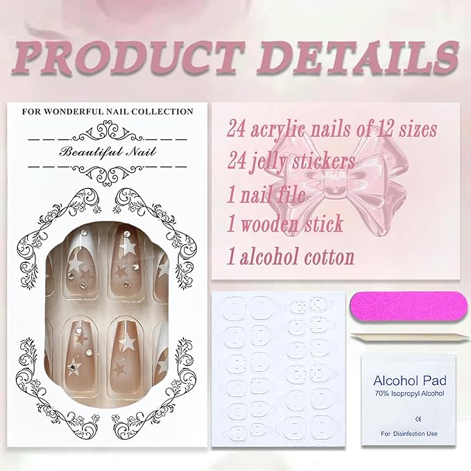 Y2K Press on Nails Long Coffin MABKJLF French Tip Fake Nails Nude Full Cover White Star False Nails with Designs Gradient Acrylic Nails Rhinestone Glossy Glue on Nails for Women Girls 24Pcs