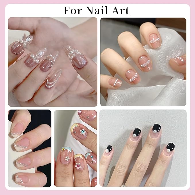 2100Pcs Flatback Nail Pearls Gems, 1.5-5mm White Beige Beads Half Round Nail Charms Beads with Pickup Pencil and Tweezers for Crafting Face Hair Manicure (11-K1-half-pearls-beige-white)