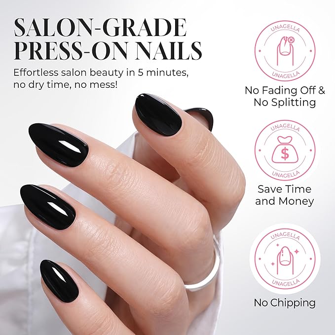 UNA GELLA 32Pcs Soft Gel Press on Nails - 16 Sizes Almond Glue on Nails, Reusable Black Solid Color False Nails, Full Cover Acrylic Nail Kit for Women DIY Home Manicure