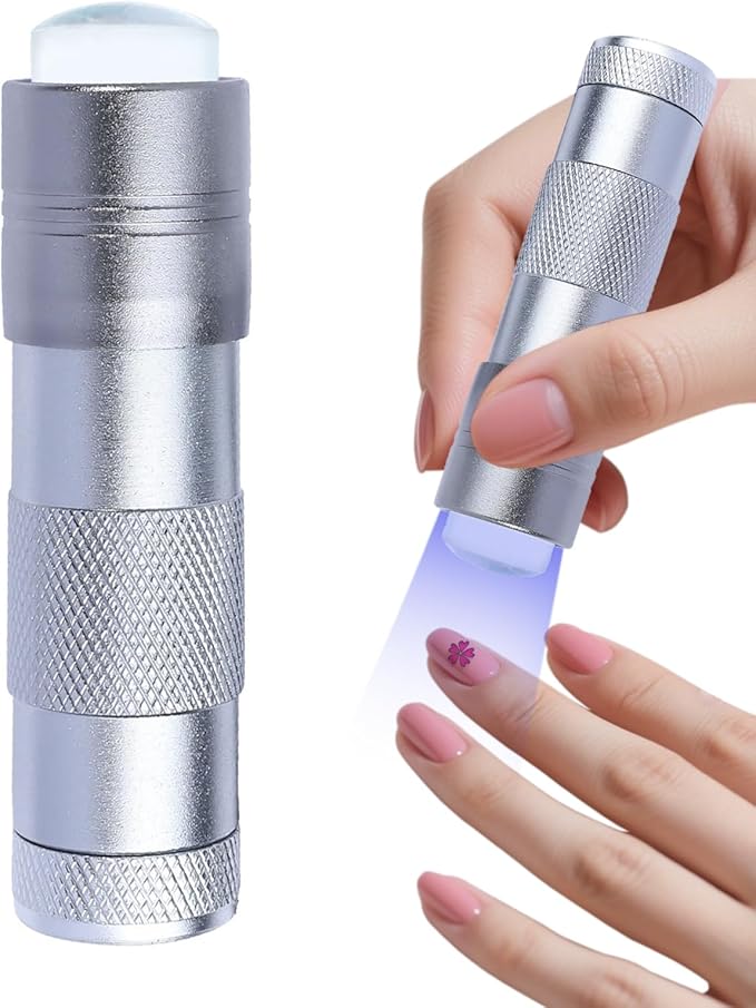 Handheld Nails Art UV Press Light, UV Lamp with French Nail Stamper Head Art Stamp Polish Print Quick Dry Lamp Small Glow Flashlights with 12 LED Lights, Portable Light Nail Dryer for Gel